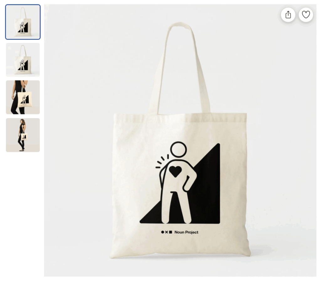 An image of a tote bag with an icon from Noun Project website on it, created by a print on demand service like Zazzle.